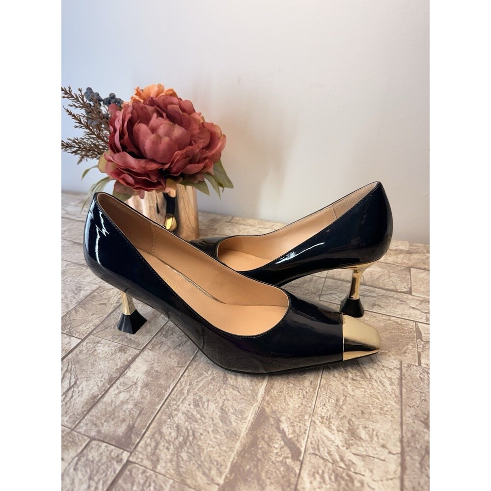 Findvell Heels Womens Size 7 Blue Gold Stiletto Kitten Heel Square Toes - Picture 5 of 13